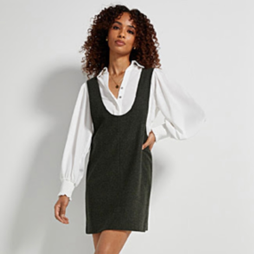 Simons Charcoal Gray/Dark Green Scoop Neck Pinafore Mini Dress with White Blouse